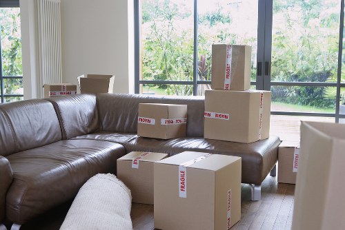 A collection of cardboard boxes, some labeled 'fragile' and sealed with packing tape, are arranged on and around a brown leather sofa in a brightly lit living room. The boxes vary in size and are stacked on the sofa's seat and armrest, with a few positioned on the wooden floor in front. The living room features large floor-to-ceiling windows that reveal a garden with green trees and bushes outside. The sofa has visible creases and a slightly worn appearance, and the room has a neutral colour scheme with natural daylight illuminating the space. This scene depicts the process of packing or unpacking during home removals, consistent with a house removals service in West Hampstead, London, and highlights the careful handling of household belongings typical of a professional team like West Hampstead Man with Van in a residential setting.